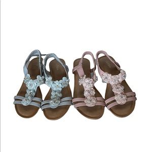 Bella Marie Sequin Floral Blue and Pink Elastic Slip On sandals Size 7.5 BOTH